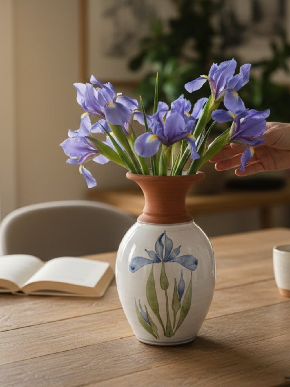 Emerson Creek Pottery Hand Painted Blue Iris Clay Vase Bedford VA Signed